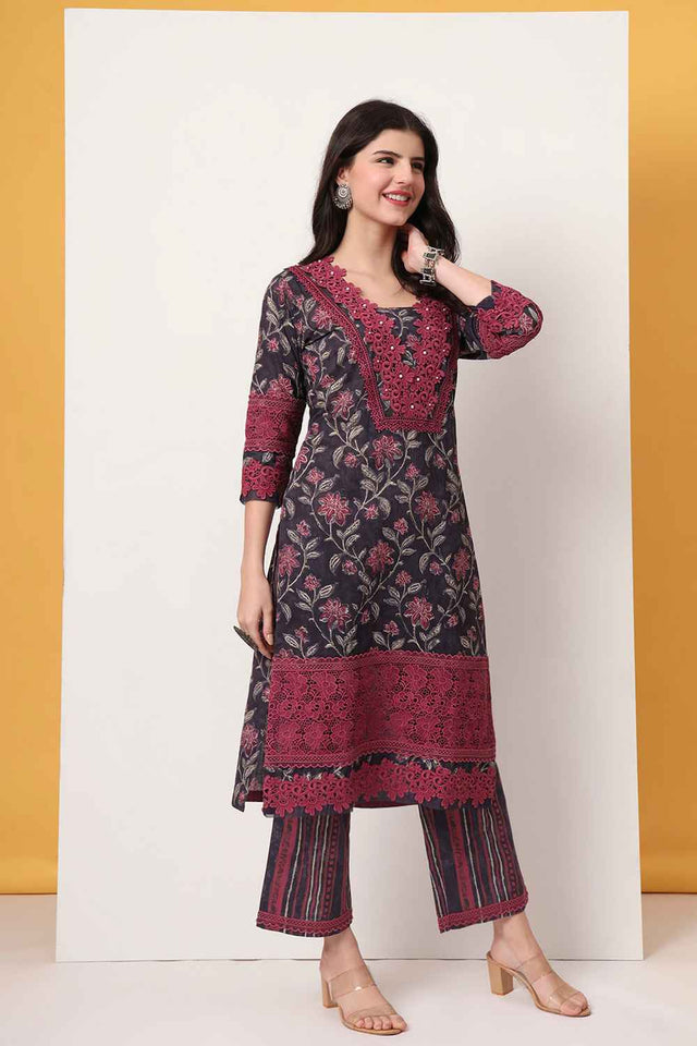 Violet Floral Printed Cotton Kurti Pant Set