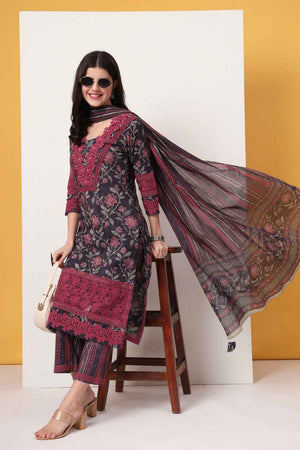 Violet Floral Printed Cotton Kurti Pant Set