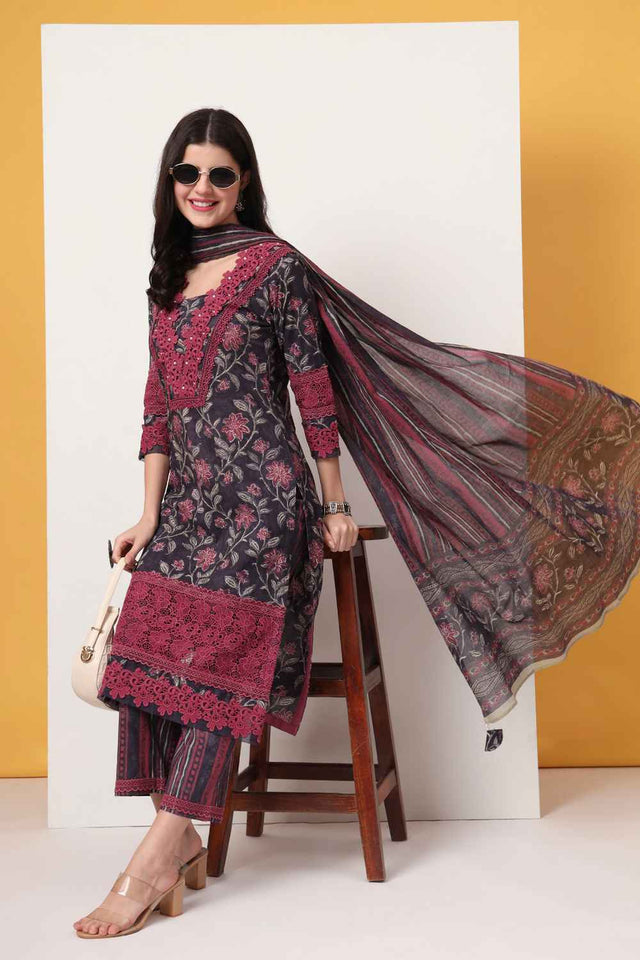 Violet Floral Printed Cotton Kurti Pant Set