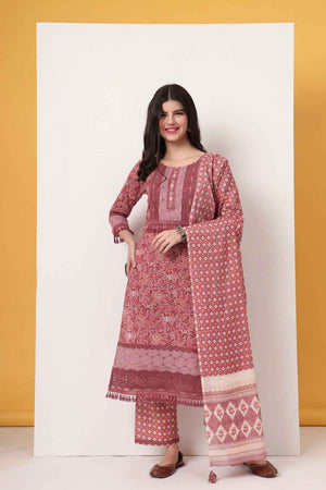 Pink Floral Printed Cotton Kurti Pant Set