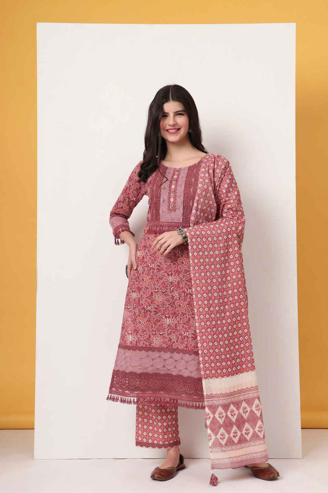 Pink Floral Printed Cotton Kurti Pant Set
