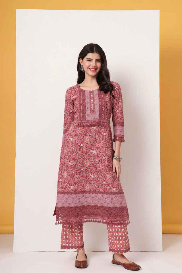 Pink Floral Printed Cotton Kurti Pant Set