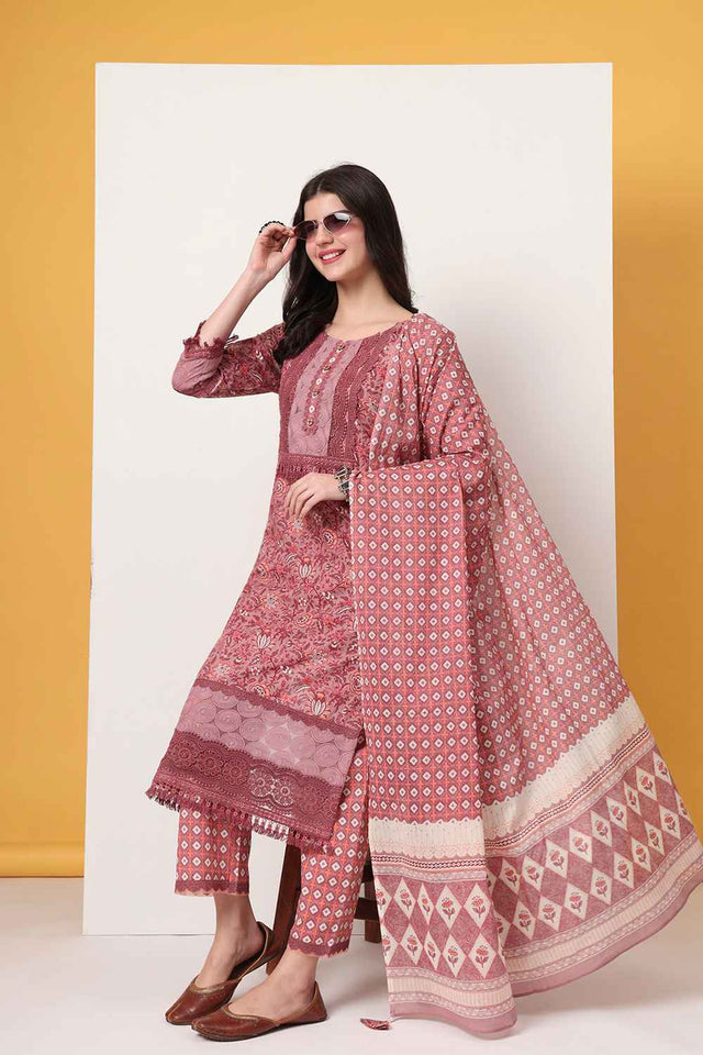Pink Floral Printed Cotton Kurti Pant Set