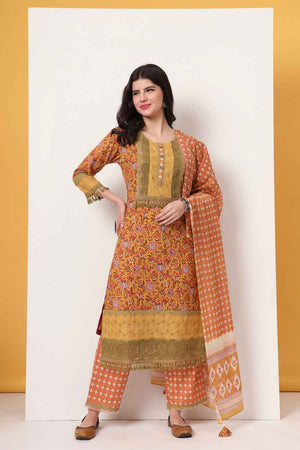 Yellow Floral Printed Cotton Kurti Pant Set