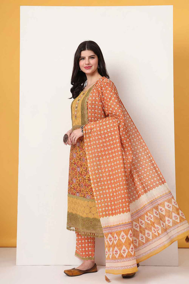 Yellow Floral Printed Cotton Kurti Pant Set