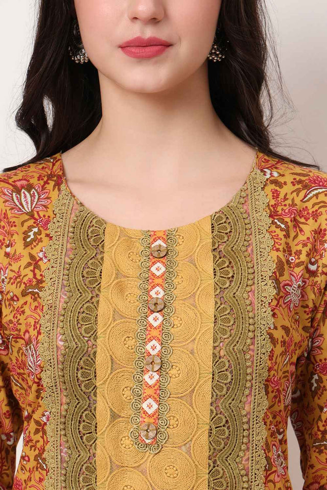 Yellow Floral Printed Cotton Kurti Pant Set