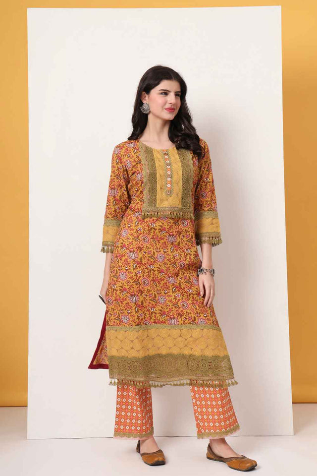 Yellow Floral Printed Cotton Kurti Pant Set