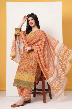 Yellow Floral Printed Cotton Kurti Pant Set
