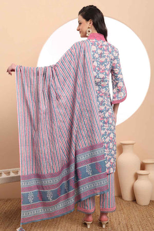 Blue Floral Printed Cotton Kurti Pant Set