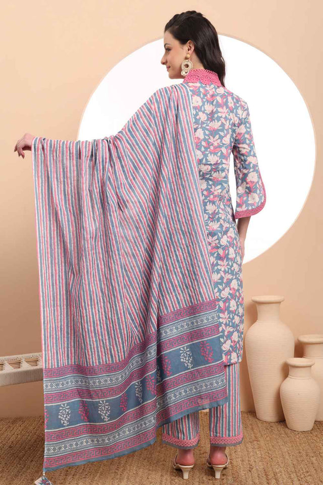 Blue Floral Printed Cotton Kurti Pant Set