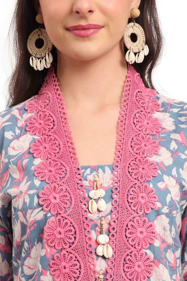 Blue Floral Printed Cotton Kurti Pant Set