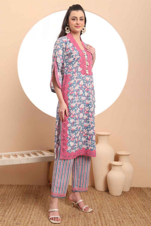 Blue Floral Printed Cotton Kurti Pant Set