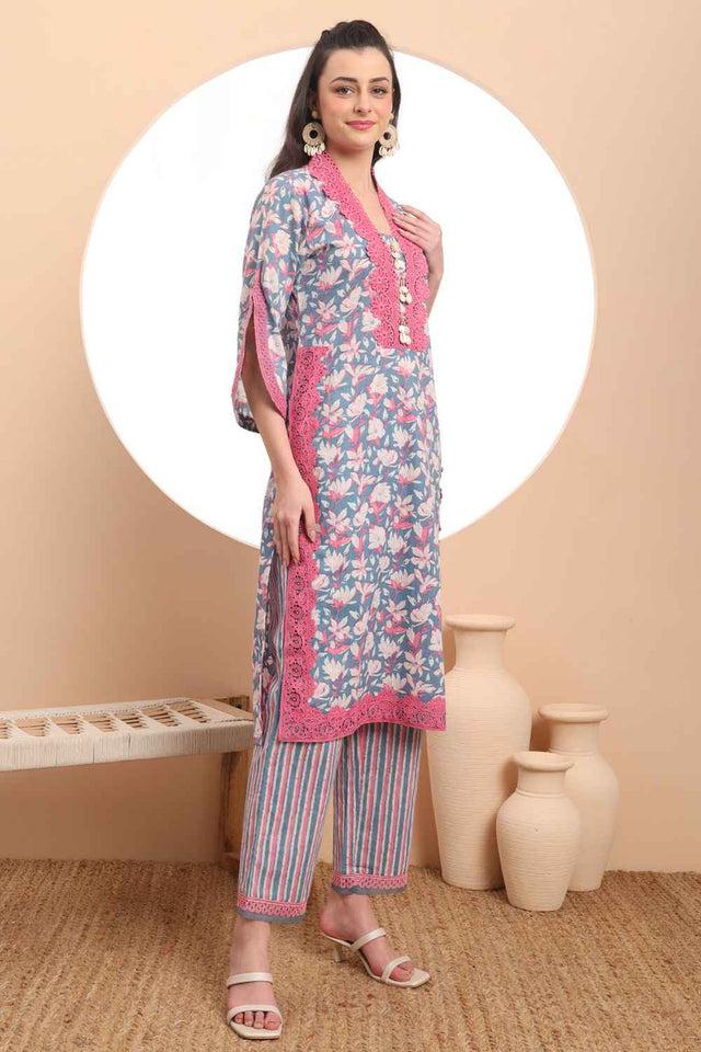 Blue Floral Printed Cotton Kurti Pant Set