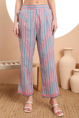 Blue Floral Printed Cotton Kurti Pant Set