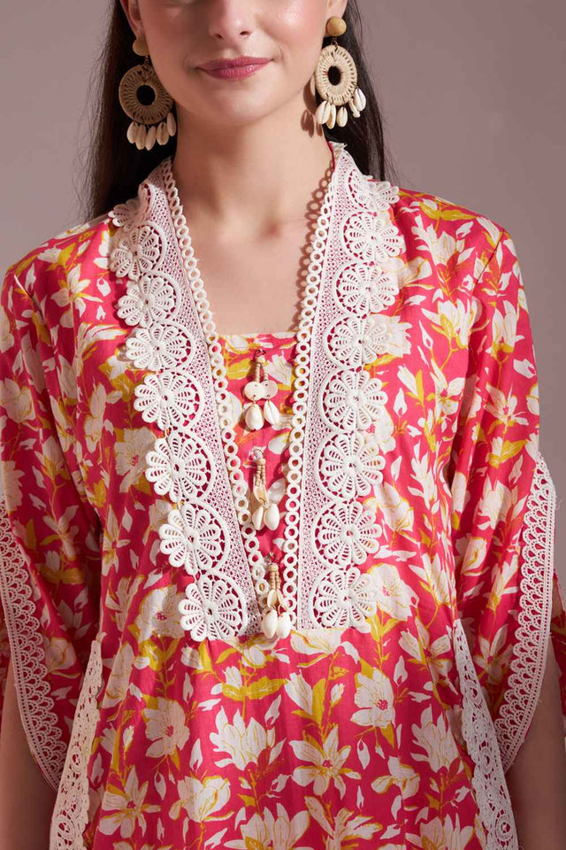 Pink Floral Printed Cotton Kurti Pant Set