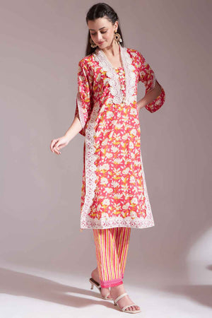 Pink Floral Printed Cotton Kurti Pant Set
