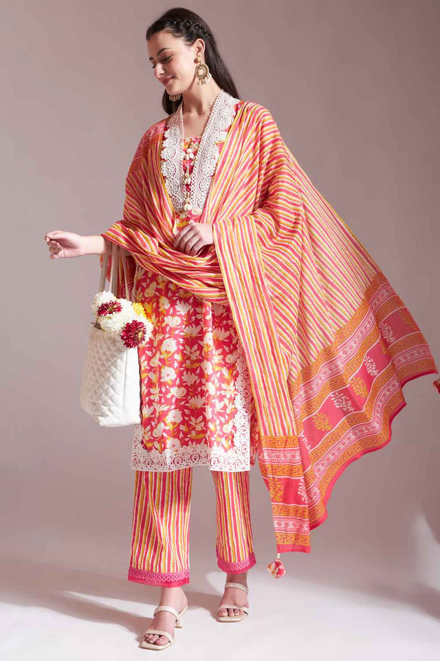 Pink Floral Printed Cotton Kurti Pant Set