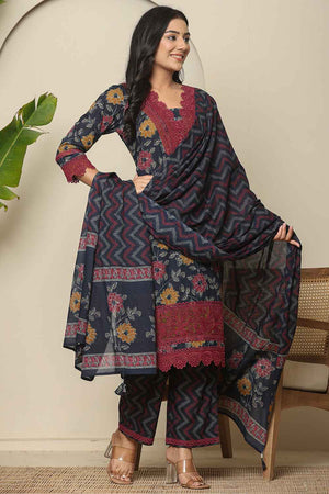 Blue Floral Printed Cotton Kurti Pant Set