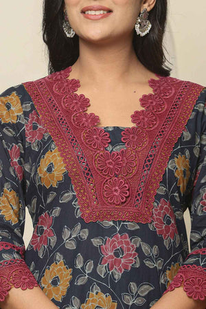 Blue Floral Printed Cotton Kurti Pant Set