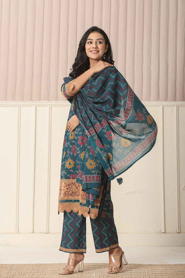 Turquoise Floral Printed Cotton Kurti Pant Set