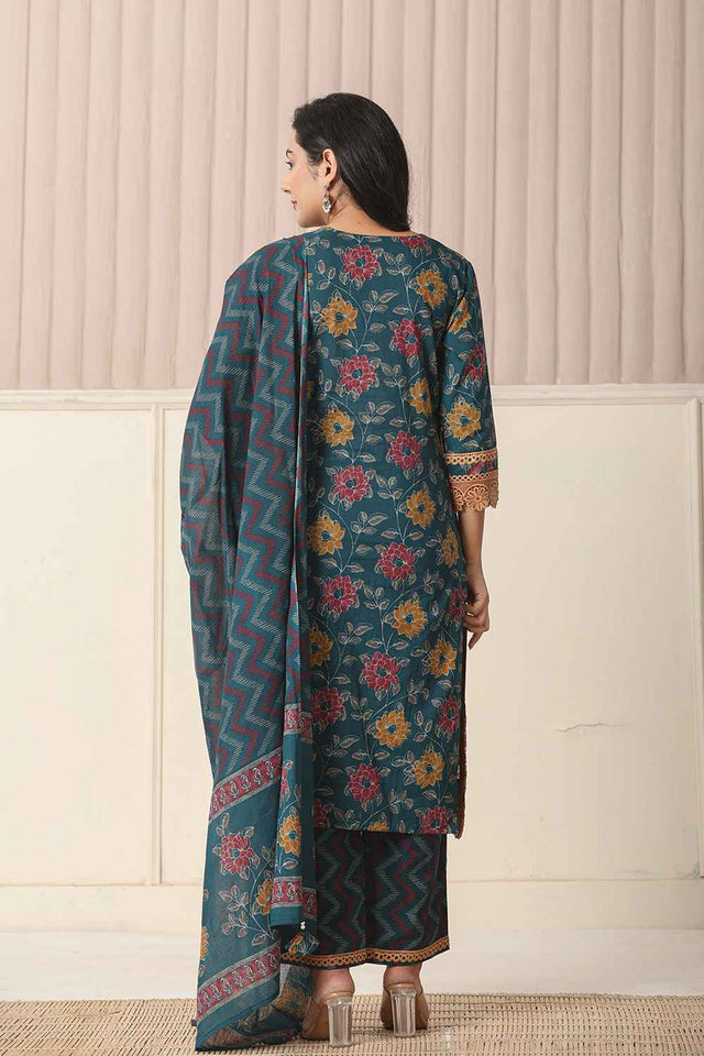 Turquoise Floral Printed Cotton Kurti Pant Set