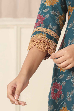 Turquoise Floral Printed Cotton Kurti Pant Set
