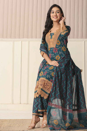 Turquoise Floral Printed Cotton Kurti Pant Set