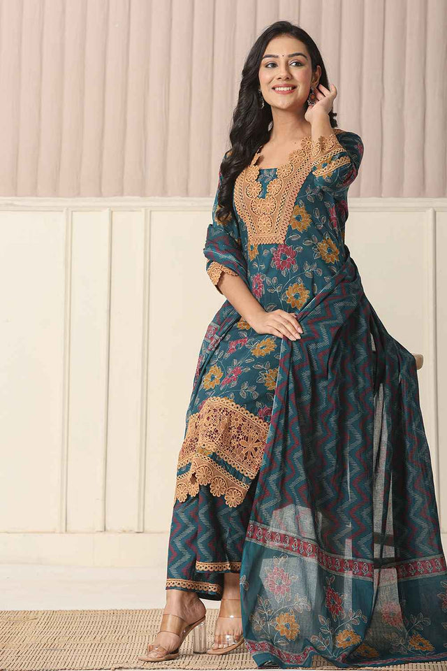 Turquoise Floral Printed Cotton Kurti Pant Set