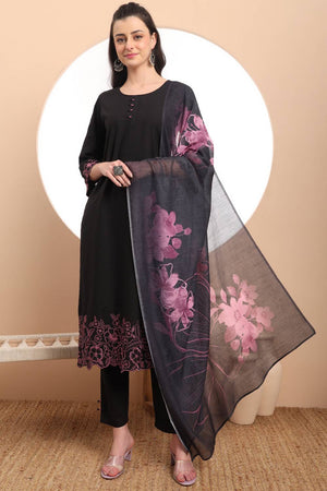 Black Embroidered Cotton Straight Cut Suit Set