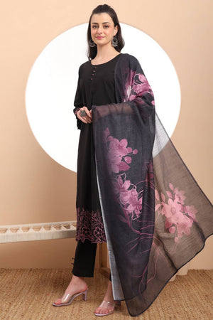 Black Embroidered Cotton Straight Cut Suit Set
