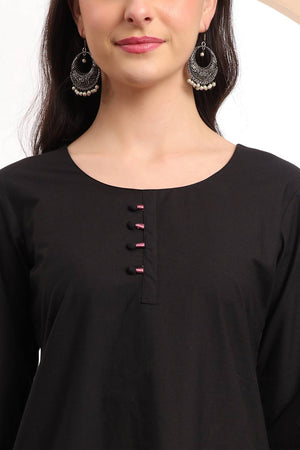 Black Embroidered Cotton Straight Cut Suit Set