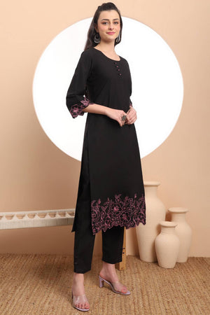 Black Embroidered Cotton Straight Cut Suit Set