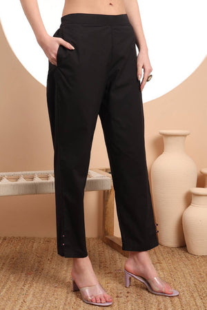 Black Embroidered Cotton Straight Cut Suit Set