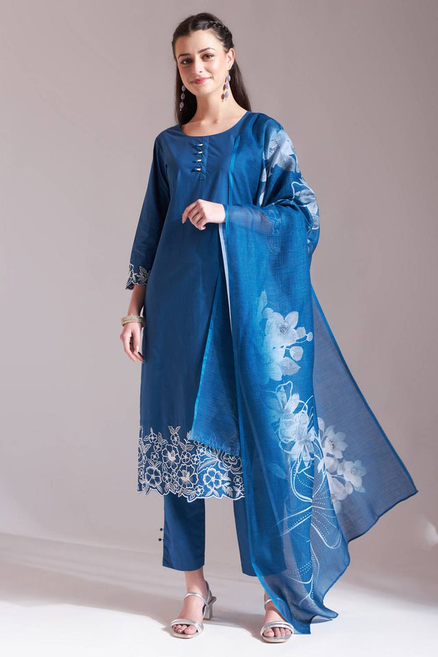 Blue Embroidered Cotton Straight Cut Suit Set