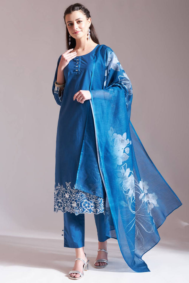 Blue Embroidered Cotton Straight Cut Suit Set