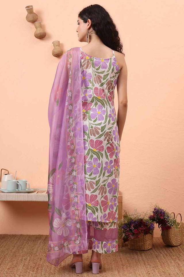 White Floral Print Cotton Kurti Pant Set