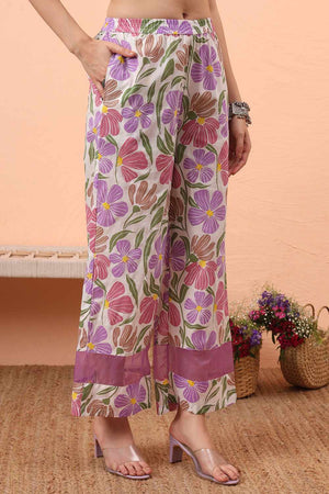 White Floral Print Cotton Kurti Pant Set
