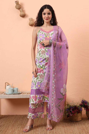 White Floral Print Cotton Kurti Pant Set