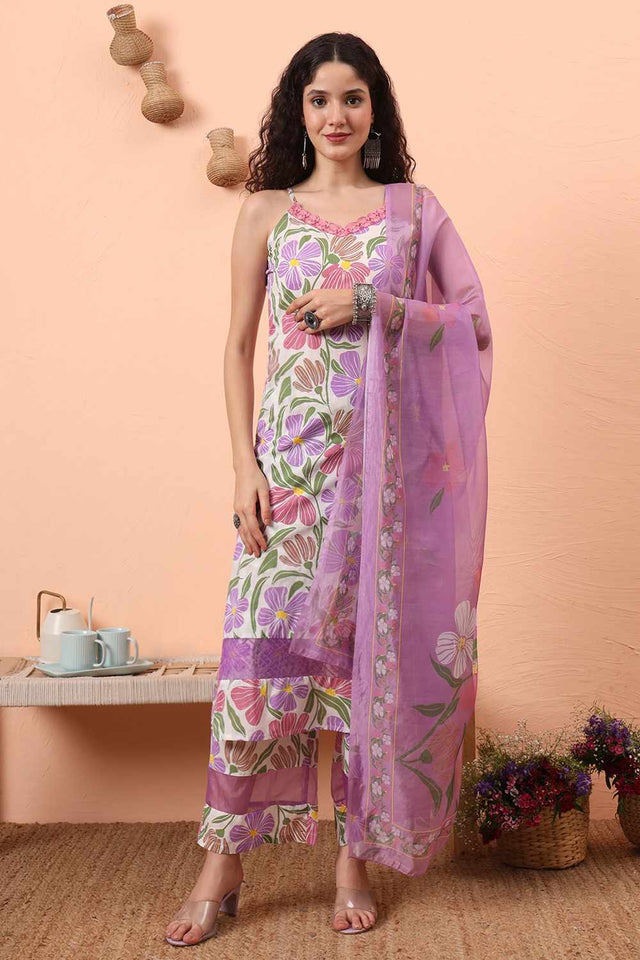 White Floral Print Cotton Kurti Pant Set