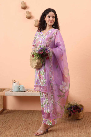 White Floral Print Cotton Kurti Pant Set