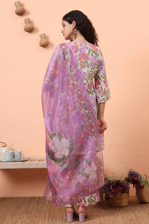 White Floral Print Cotton Kurti Pant Set