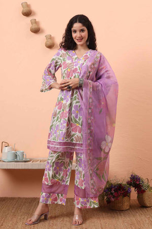 White Floral Print Cotton Kurti Pant Set