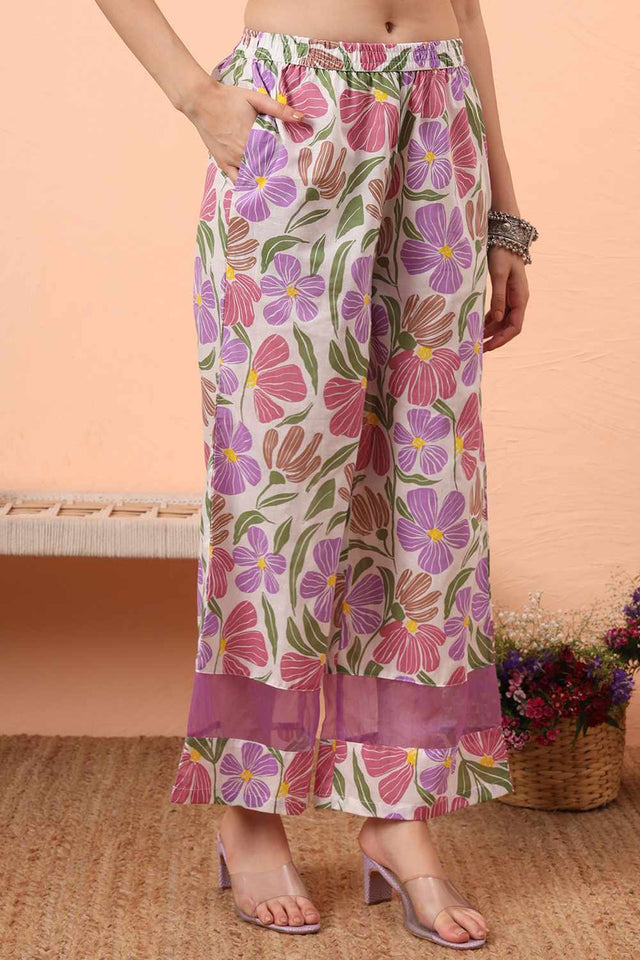 White Floral Print Cotton Kurti Pant Set