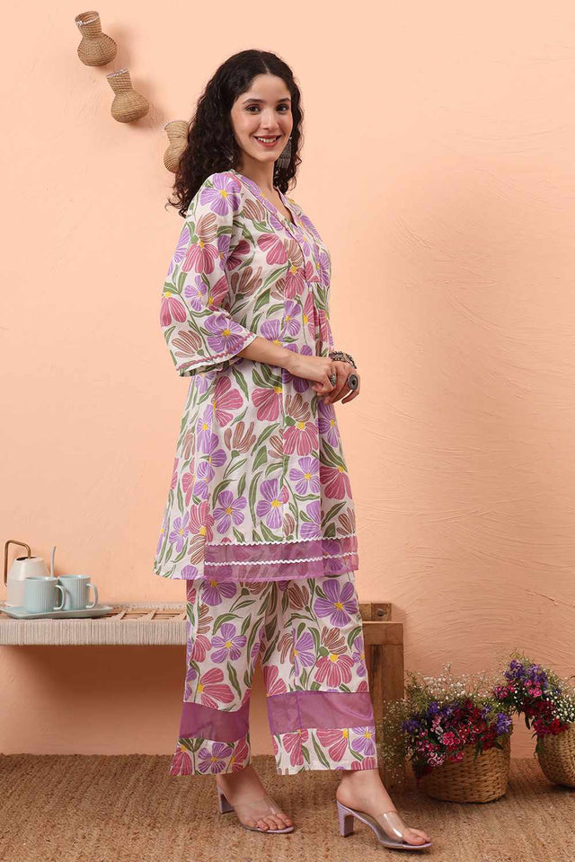 White Floral Print Cotton Kurti Pant Set