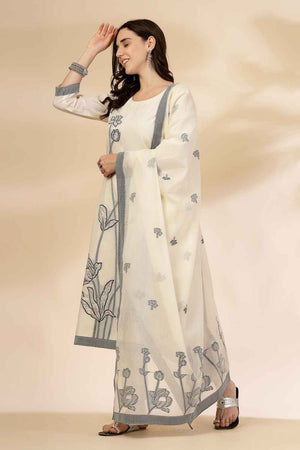 White Floral Printed Cotton Kurti Pant Set