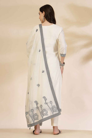 White Floral Printed Cotton Kurti Pant Set
