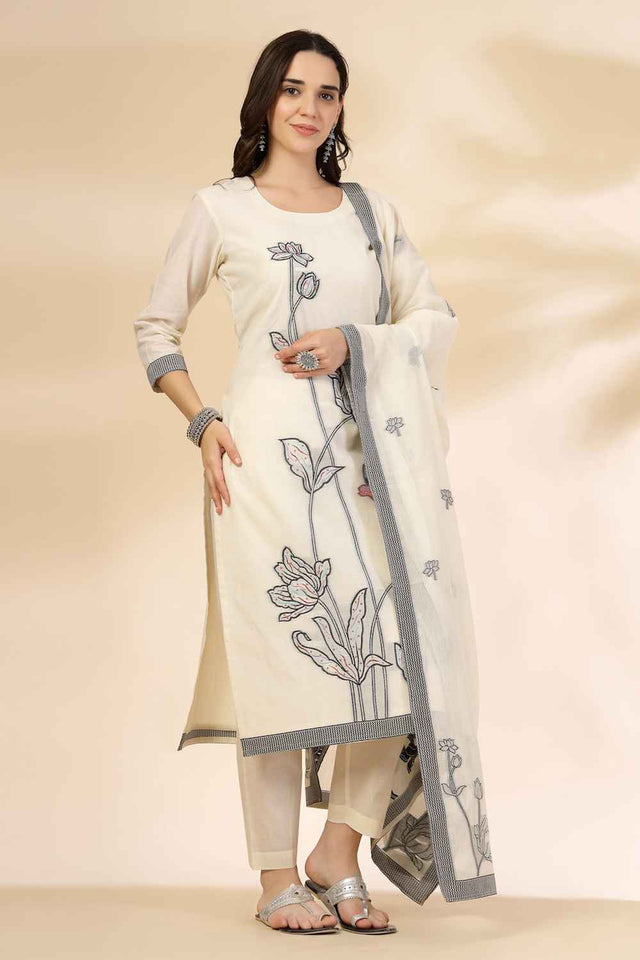 White Floral Printed Cotton Kurti Pant Set