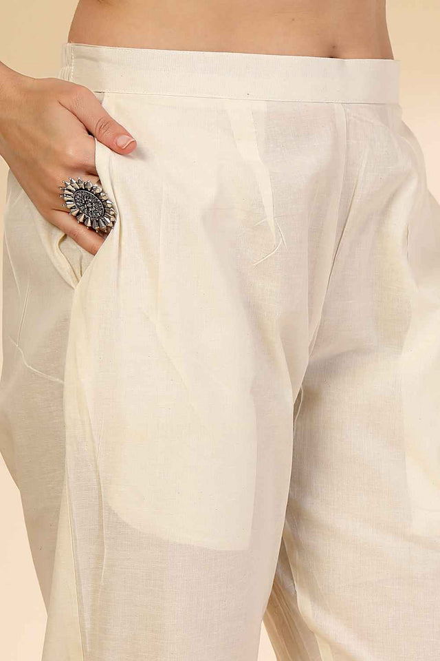 White Floral Printed Cotton Kurti Pant Set