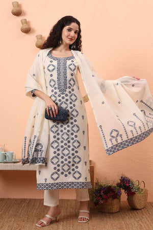 White Printed Cotton Kurti Pant Set