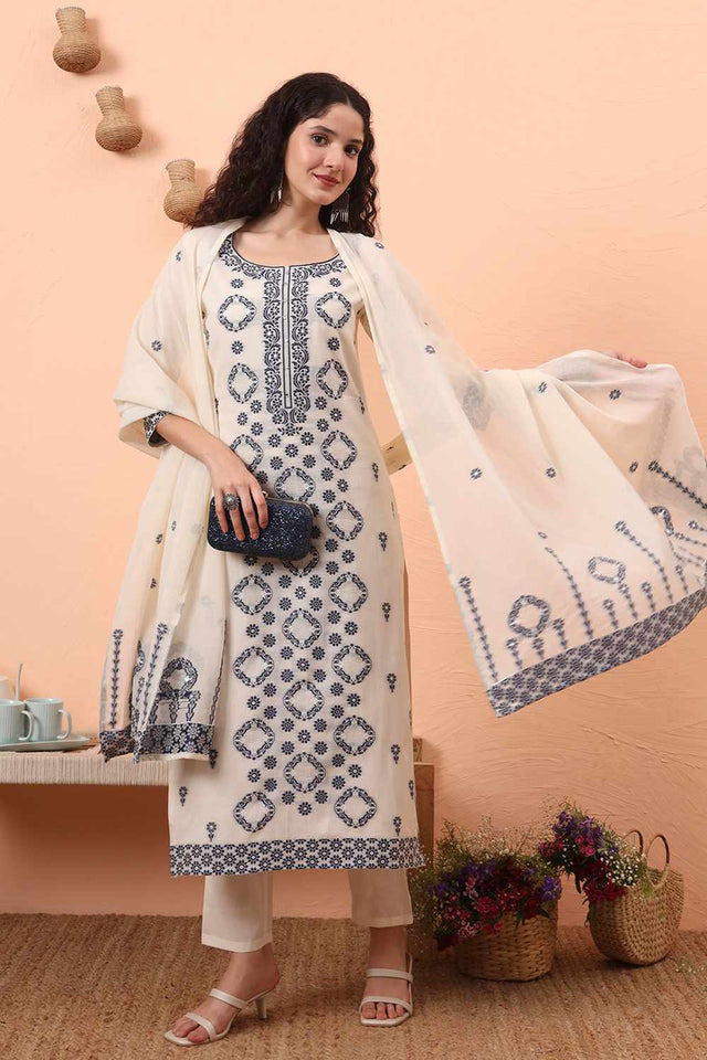White Printed Cotton Kurti Pant Set